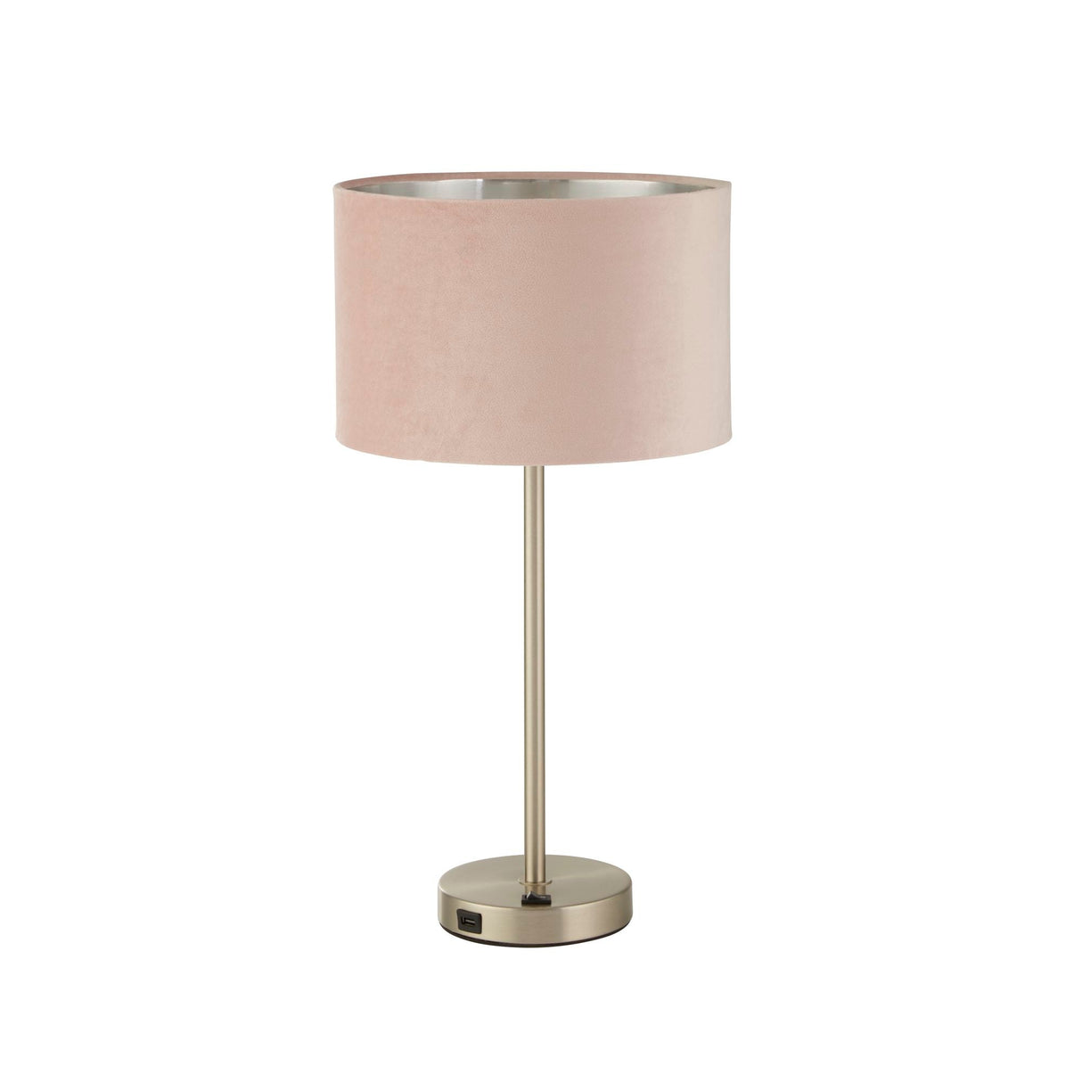 Finn USB Table Lamp - Satin Nickel Metal & Pink Velvet Shade - Comet Lighting