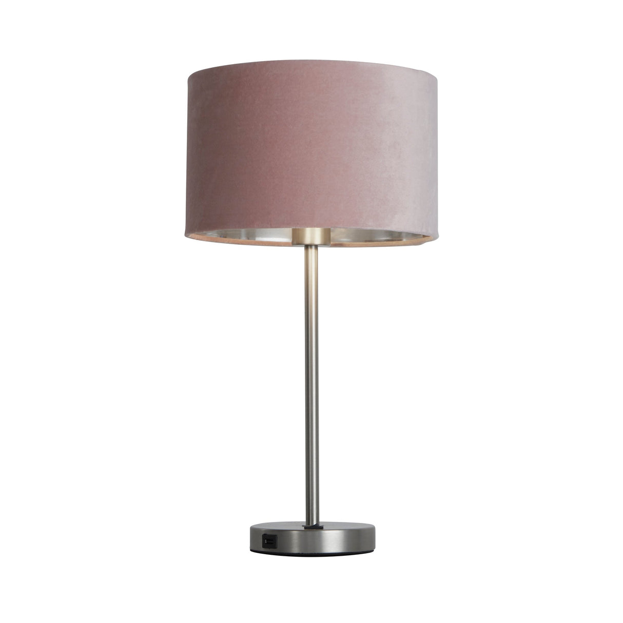 Finn USB Table Lamp - Satin Nickel Metal & Pink Velvet Shade - Comet Lighting