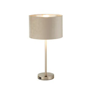 Finn USB Table Lamp -Satin Nickel Metal & Taupe Velvet Shade - Comet Lighting