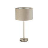 Finn USB Table Lamp -Satin Nickel Metal & Taupe Velvet Shade - Comet Lighting