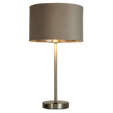 Finn USB Table Lamp -Satin Nickel Metal & Taupe Velvet Shade - Comet Lighting