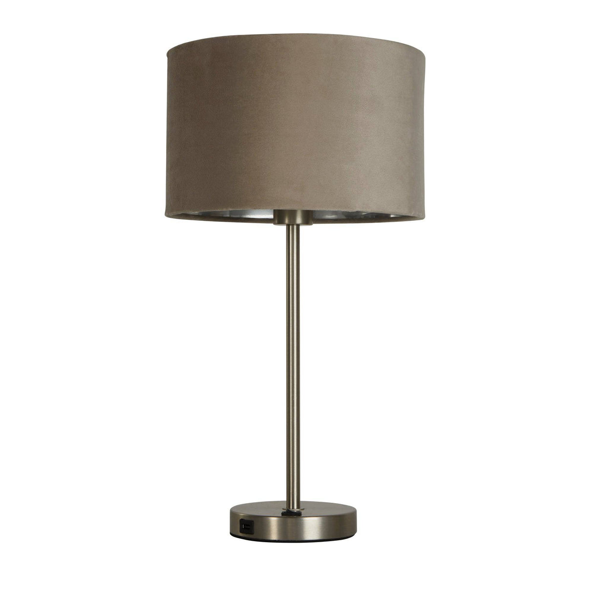 Finn USB Table Lamp -Satin Nickel Metal & Taupe Velvet Shade - Comet Lighting