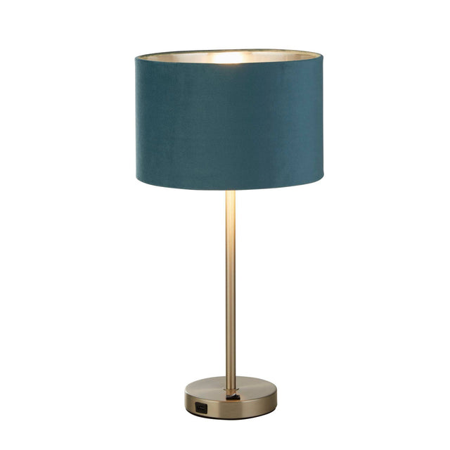 Finn USB Table Lamp - Satin Nickel Metal & Teal Velvet Shade - Comet Lighting