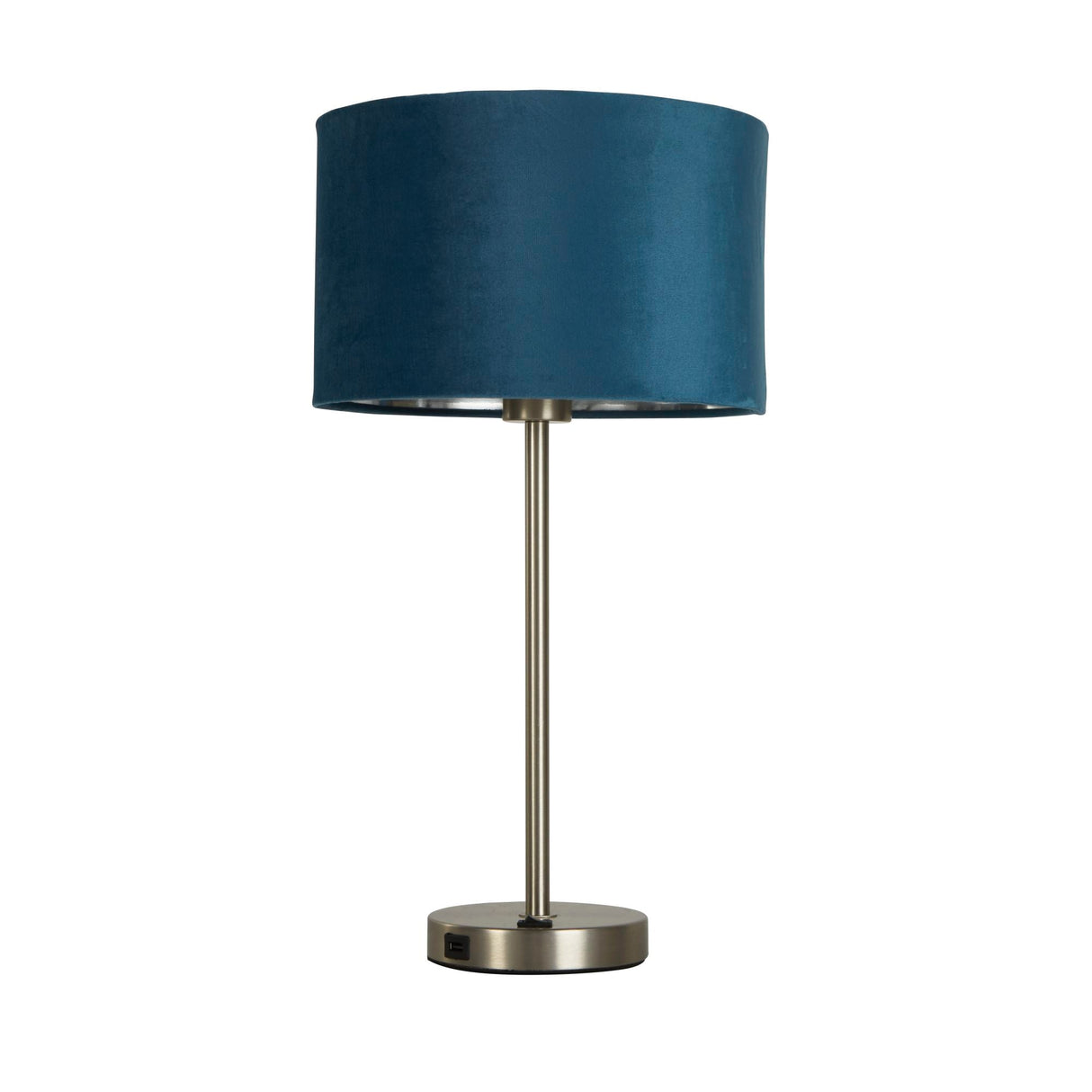 Finn USB Table Lamp - Satin Nickel Metal & Teal Velvet Shade - Comet Lighting