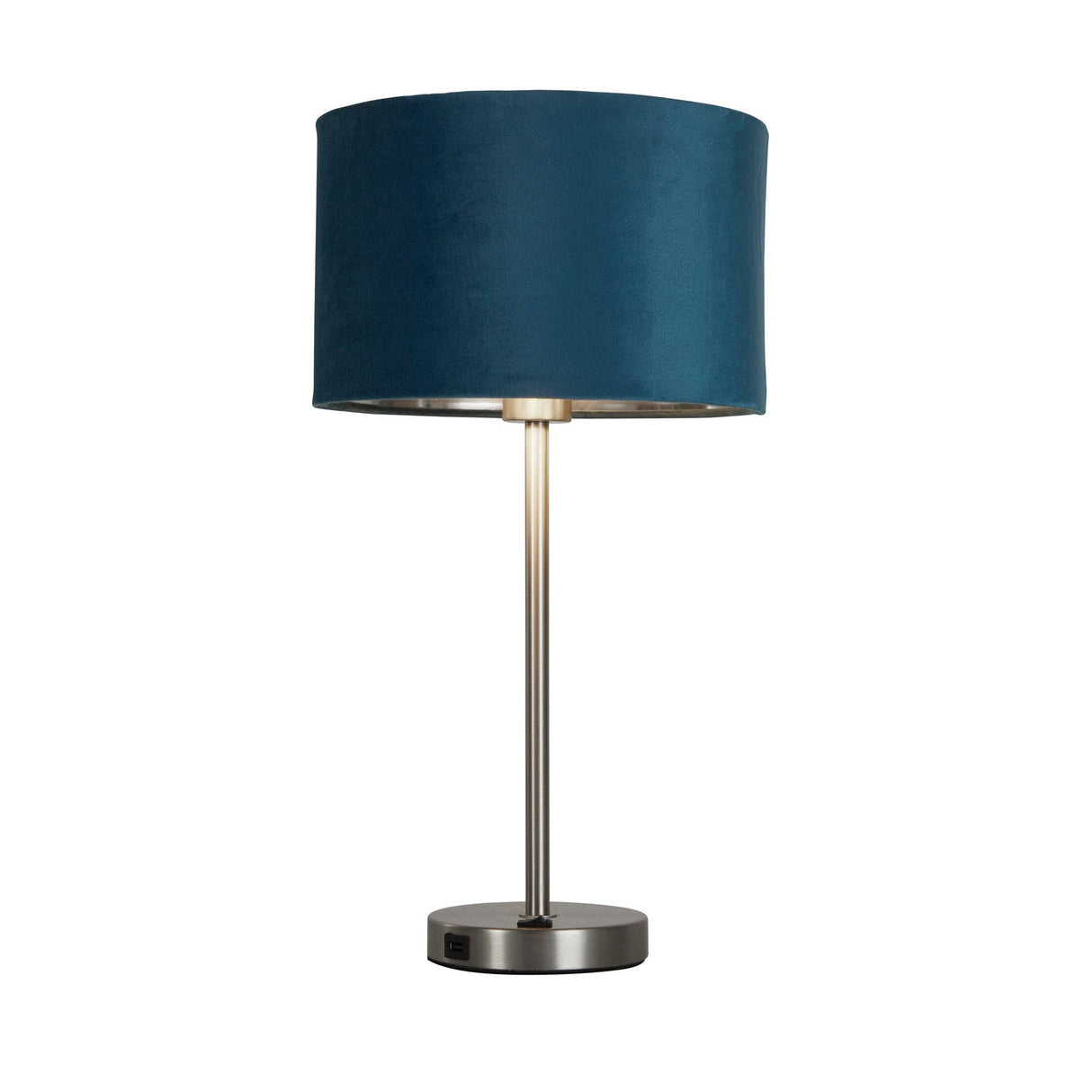 Finn USB Table Lamp - Satin Nickel Metal & Teal Velvet Shade - Comet Lighting