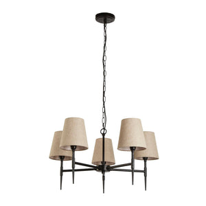 Gothic 5Lt Pendant - Hammered Black Metal & Natural Linen - Comet Lighting