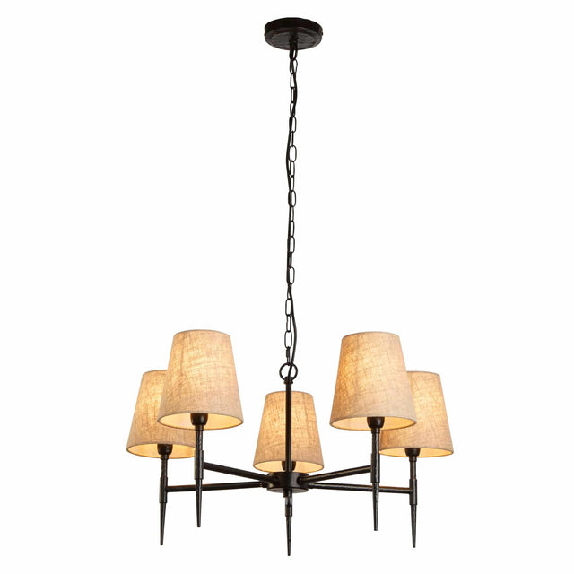 Gothic 5Lt Pendant - Hammered Black Metal & Natural Linen - Comet Lighting