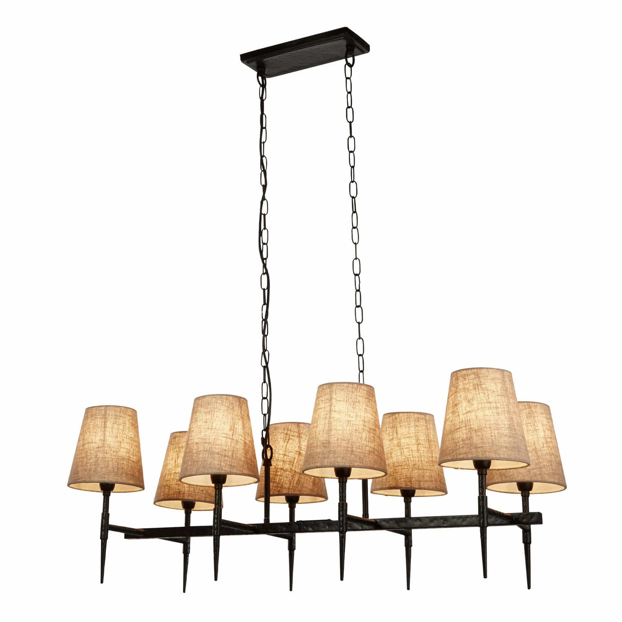 Gothic 8Lt Bar Pendant- Hammered Black Metal & Natural Linen - Comet Lighting