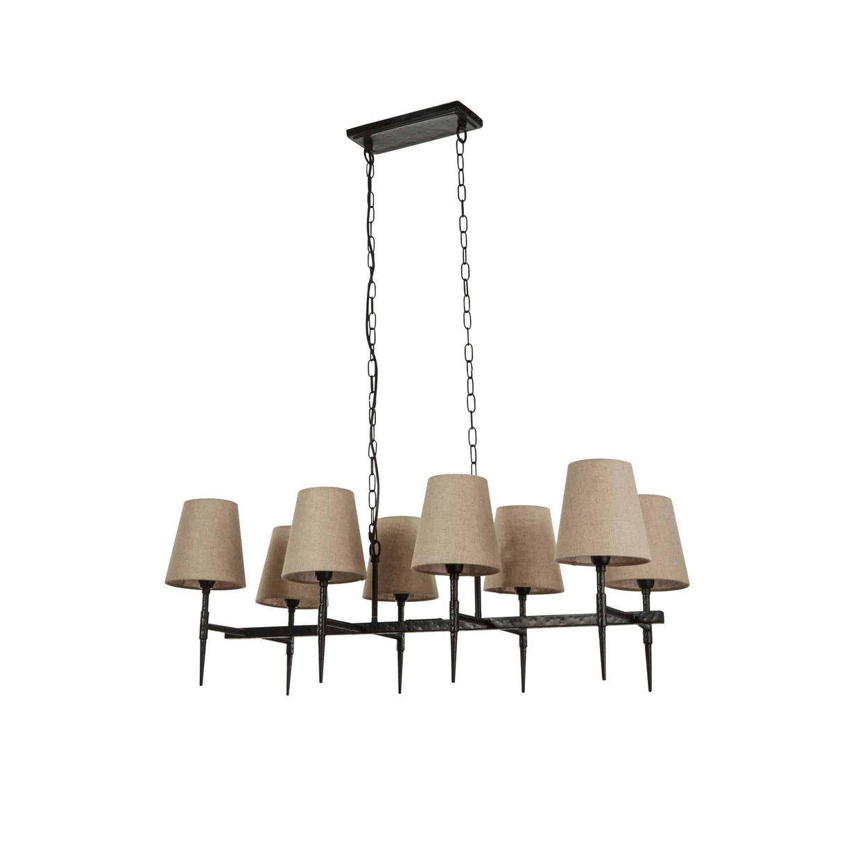 Gothic 8Lt Bar Pendant- Hammered Black Metal & Natural Linen - Comet Lighting