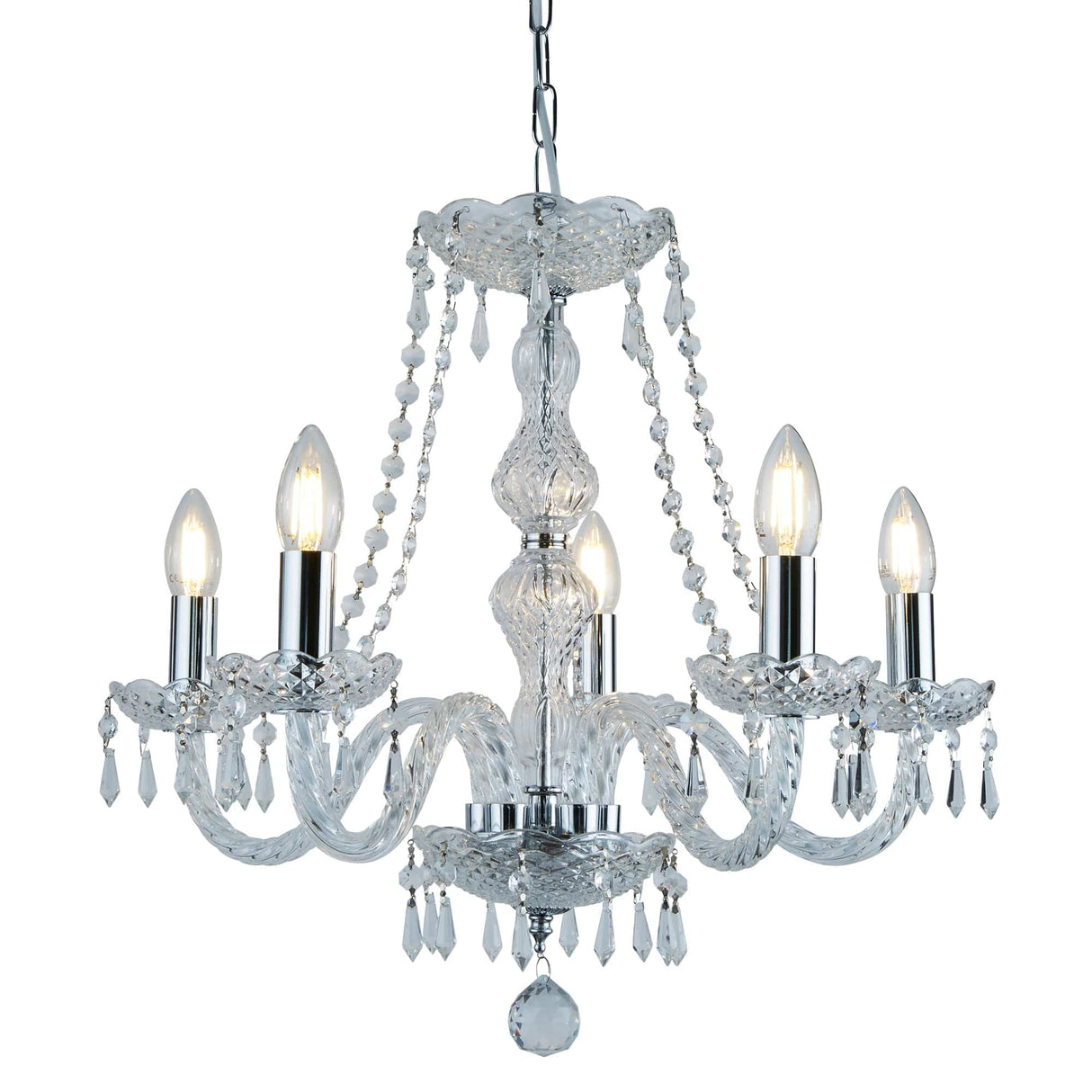 Hale 5Lt Chandelier - Chrome Metal & Clear Crystal - Comet Lighting