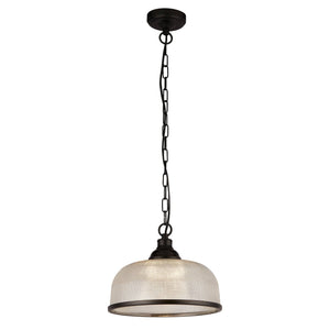 Highworth Pendant - Matt Black Metal & Holophane Style Glass - Comet Lighting