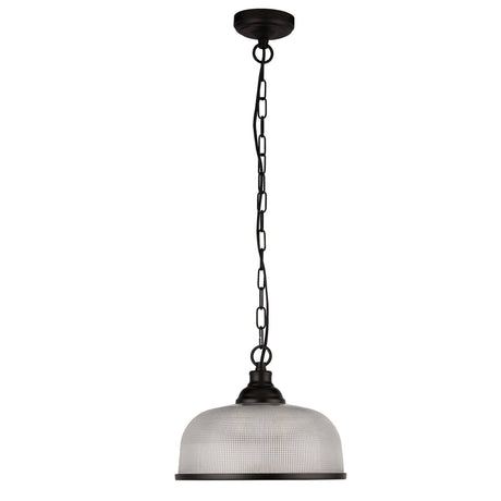 Highworth Pendant - Matt Black Metal & Holophane Style Glass - Comet Lighting