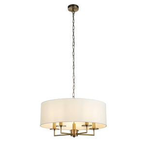 Knightsbridge 5Lt Pendant- Antique Brass & White Linen Shade - Comet Lighting