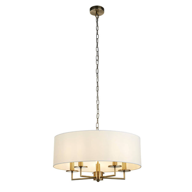 Knightsbridge 5Lt Pendant- Antique Brass & White Linen Shade - Comet Lighting