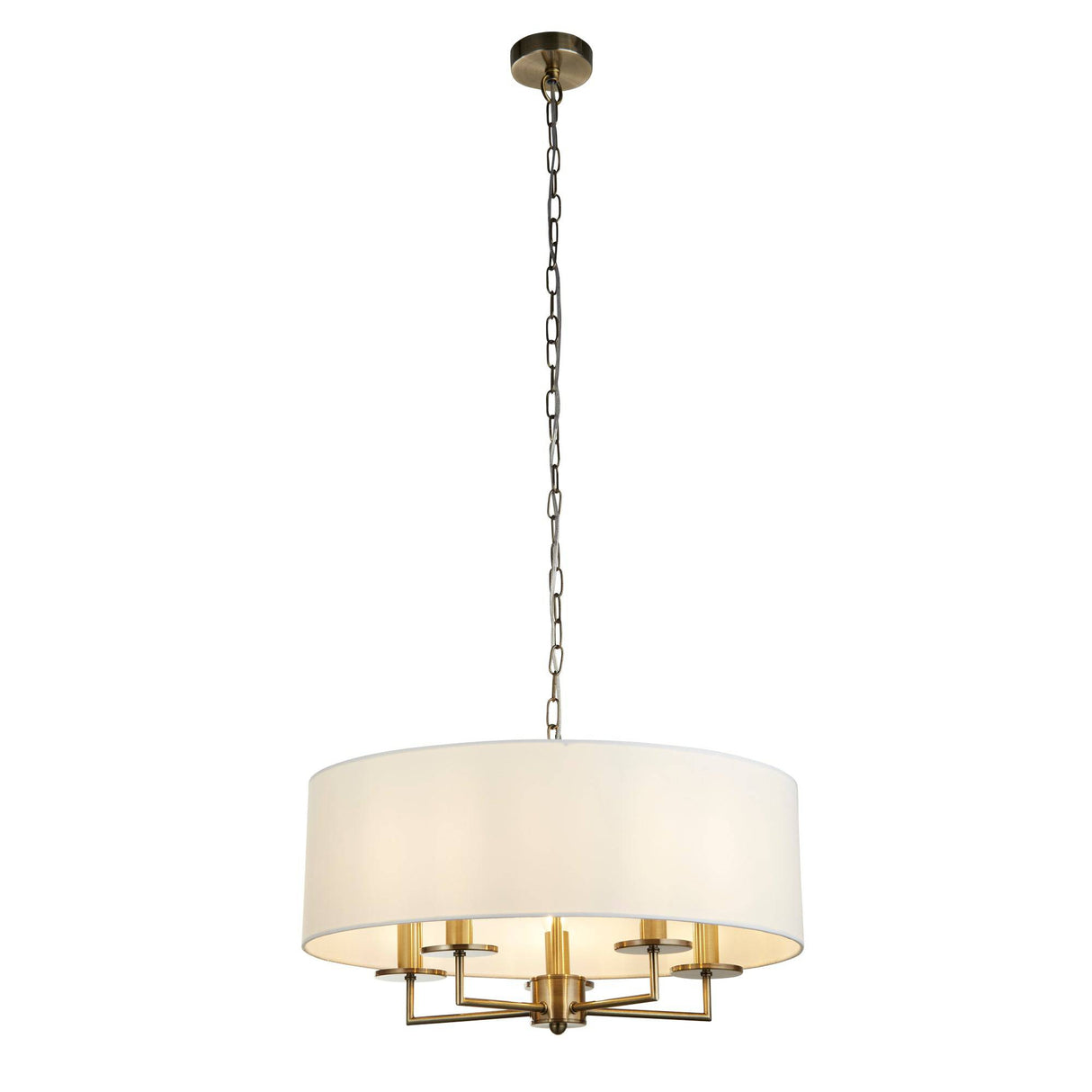 Knightsbridge 5Lt Pendant- Antique Brass & White Linen Shade - Comet Lighting