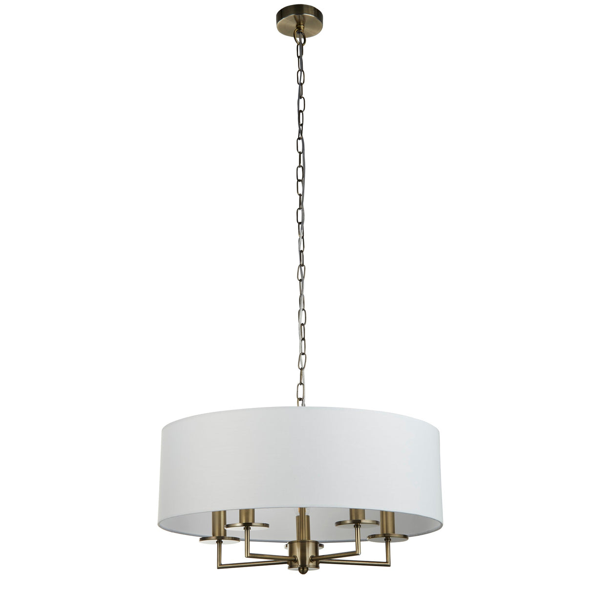 Knightsbridge 5Lt Pendant- Antique Brass & White Linen Shade - Comet Lighting