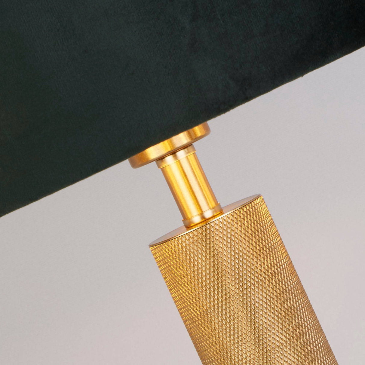 London Table Lamp - Knurled Brass & Green Velvet Shade - Comet Lighting