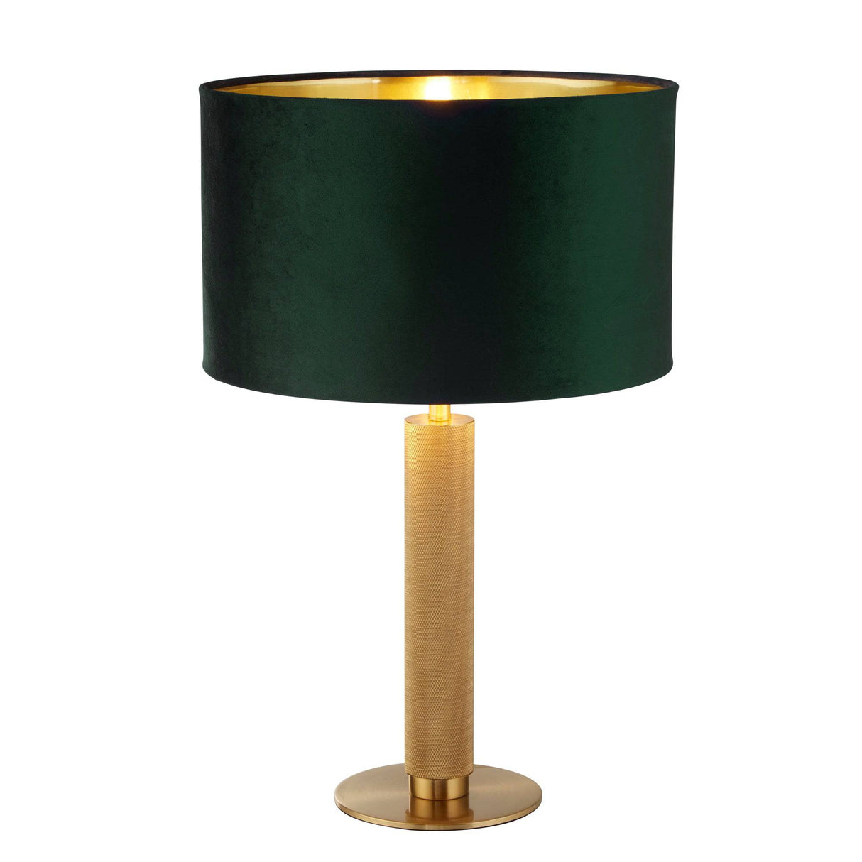 London Table Lamp - Knurled Brass & Green Velvet Shade - Comet Lighting