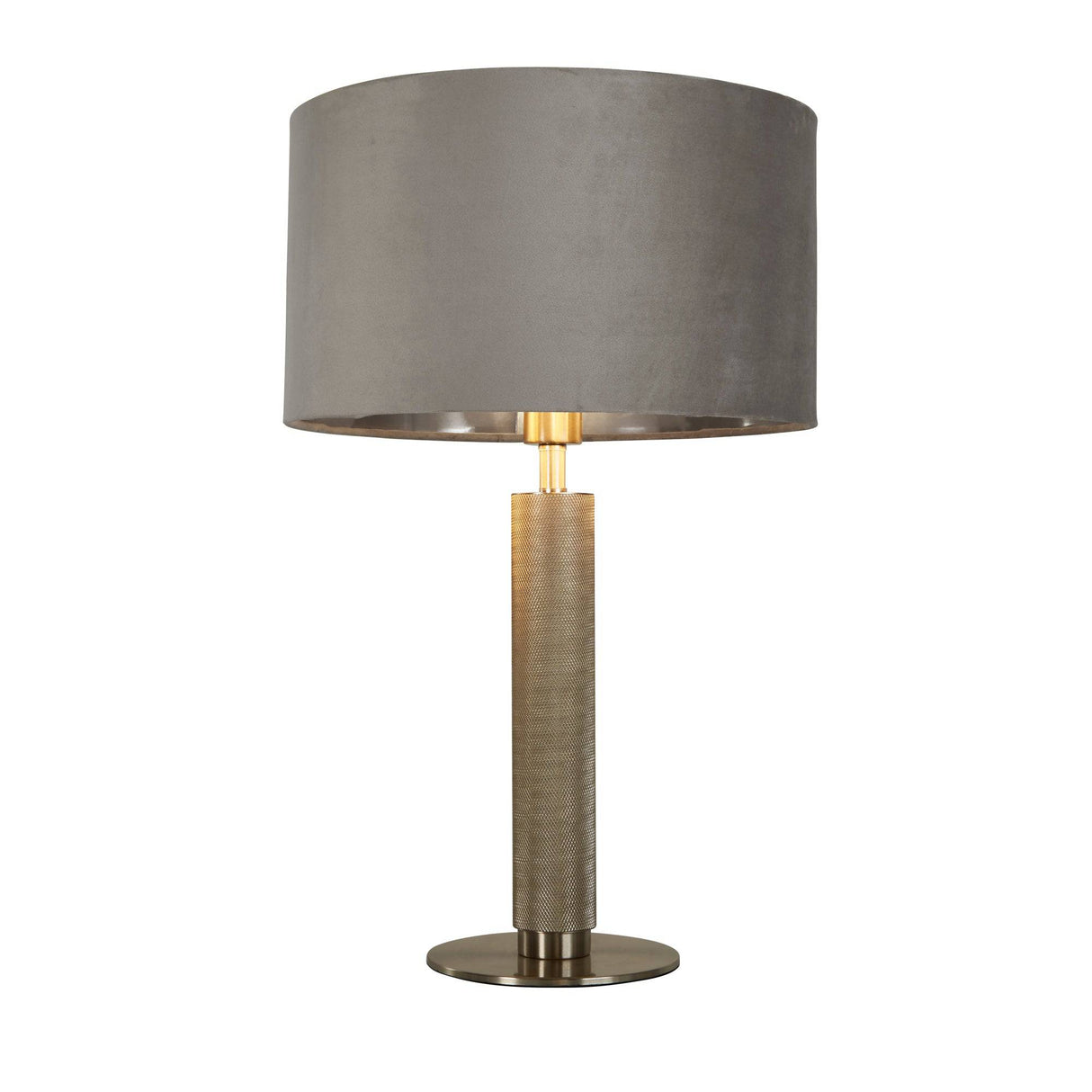 London Table Lamp- Knurled Satin Silver & Grey Velvet Shade - Comet Lighting