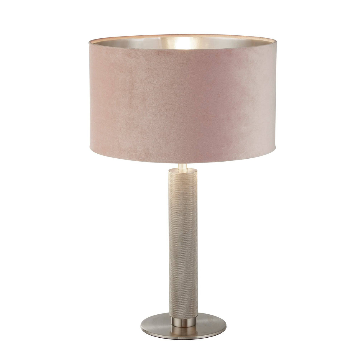 London Table Lamp- Knurled Satin Silver & Pink Velvet Shade - Comet Lighting