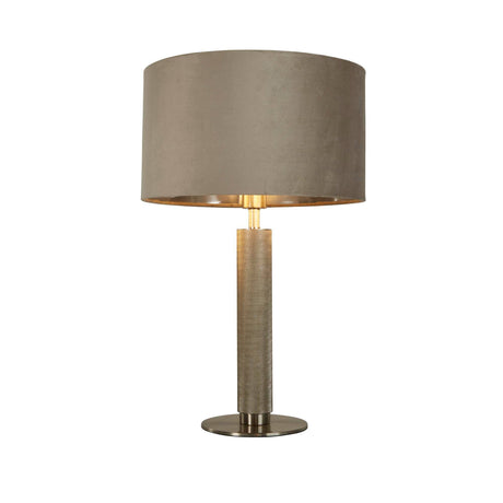 London Table Lamp- Knurled Satin Silver & Taupe Velvet Shade - Comet Lighting