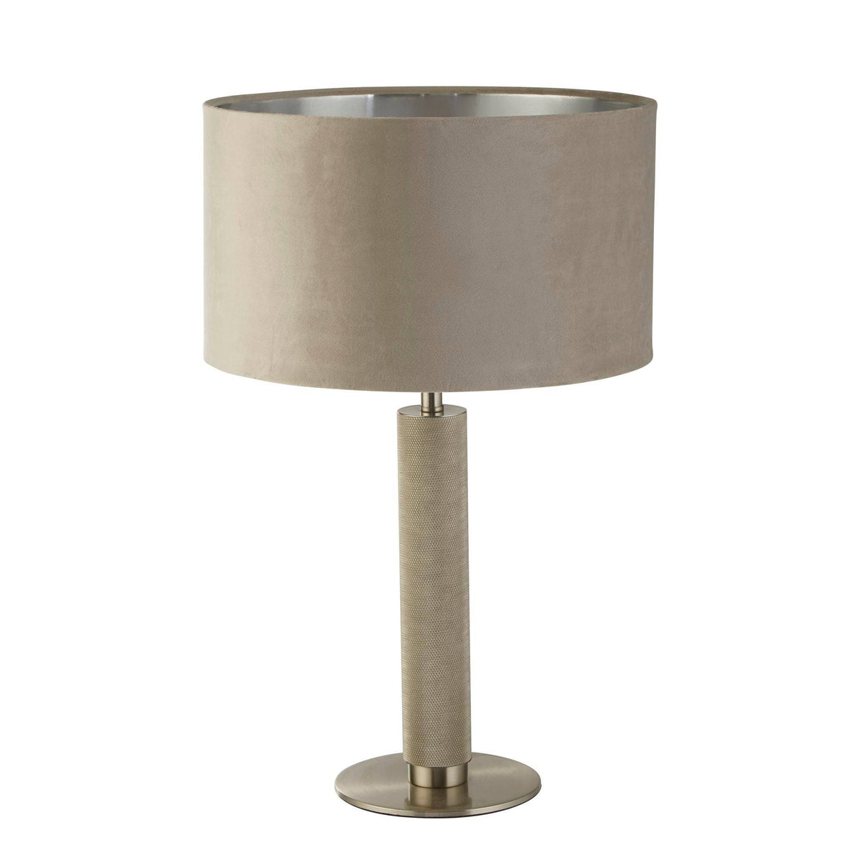 London Table Lamp- Knurled Satin Silver & Taupe Velvet Shade - Comet Lighting