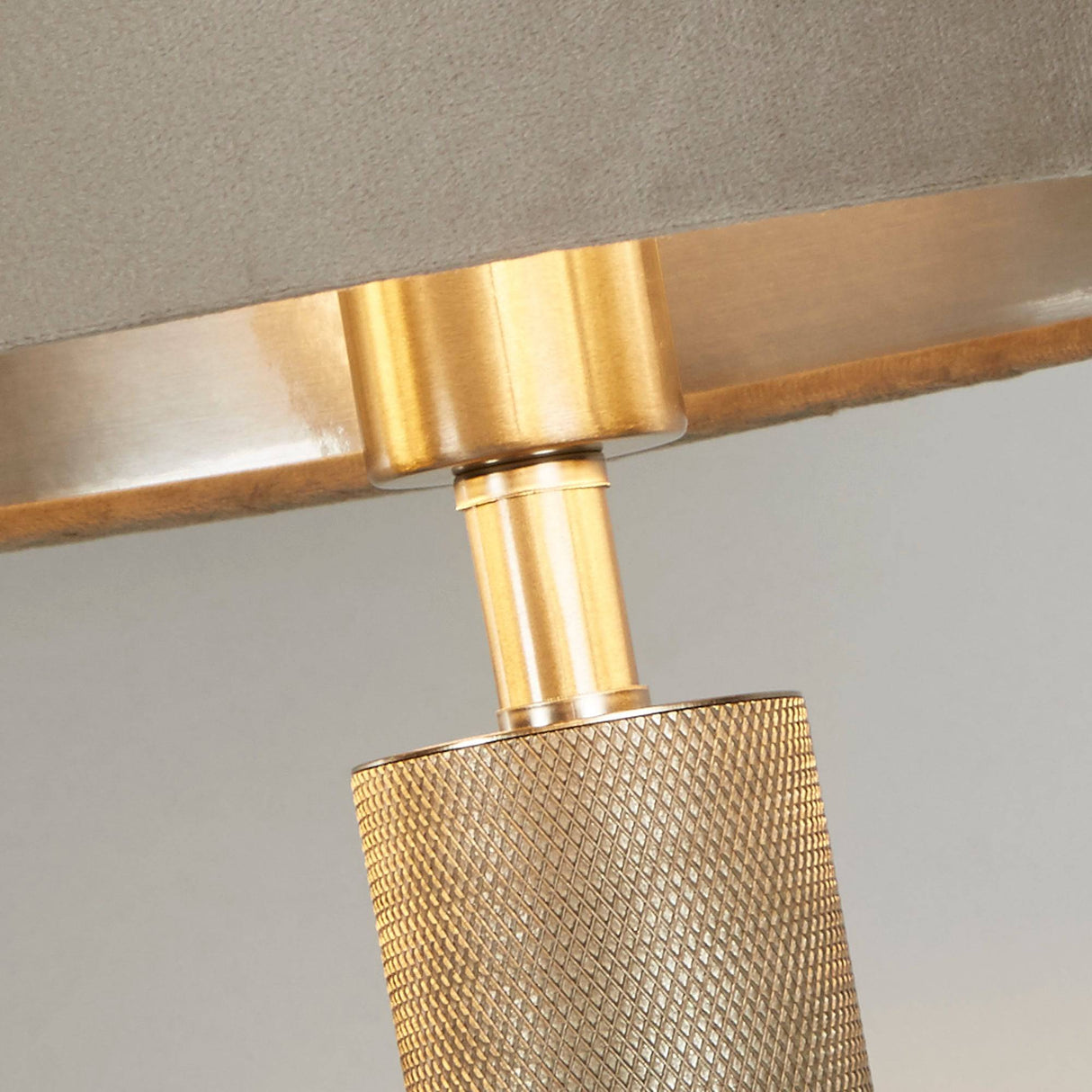 London Table Lamp- Knurled Satin Silver & Taupe Velvet Shade - Comet Lighting