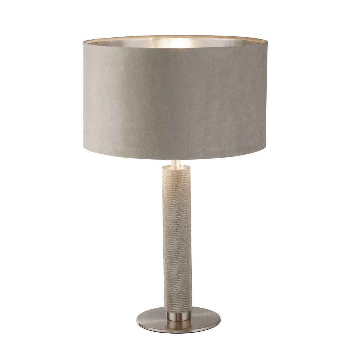 London Table Lamp- Knurled Satin Silver & Taupe Velvet Shade - Comet Lighting