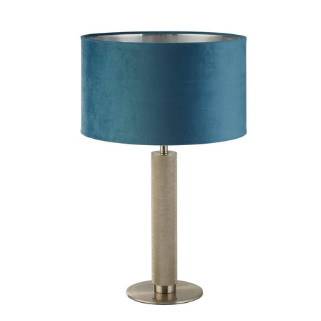 London Table Lamp - Knurled Satin Silver & Teal Velvet Shade - Comet Lighting