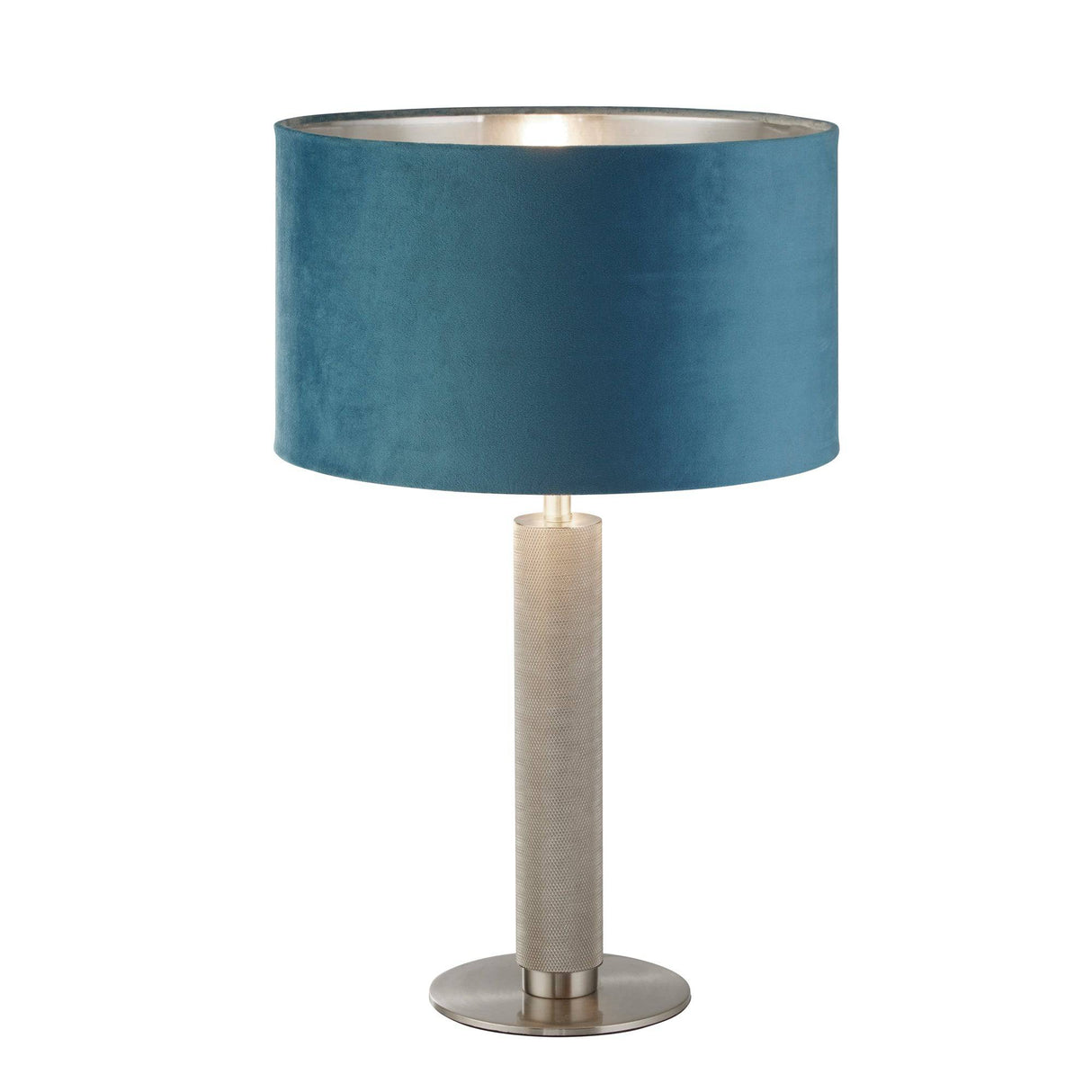 London Table Lamp - Knurled Satin Silver & Teal Velvet Shade - Comet Lighting