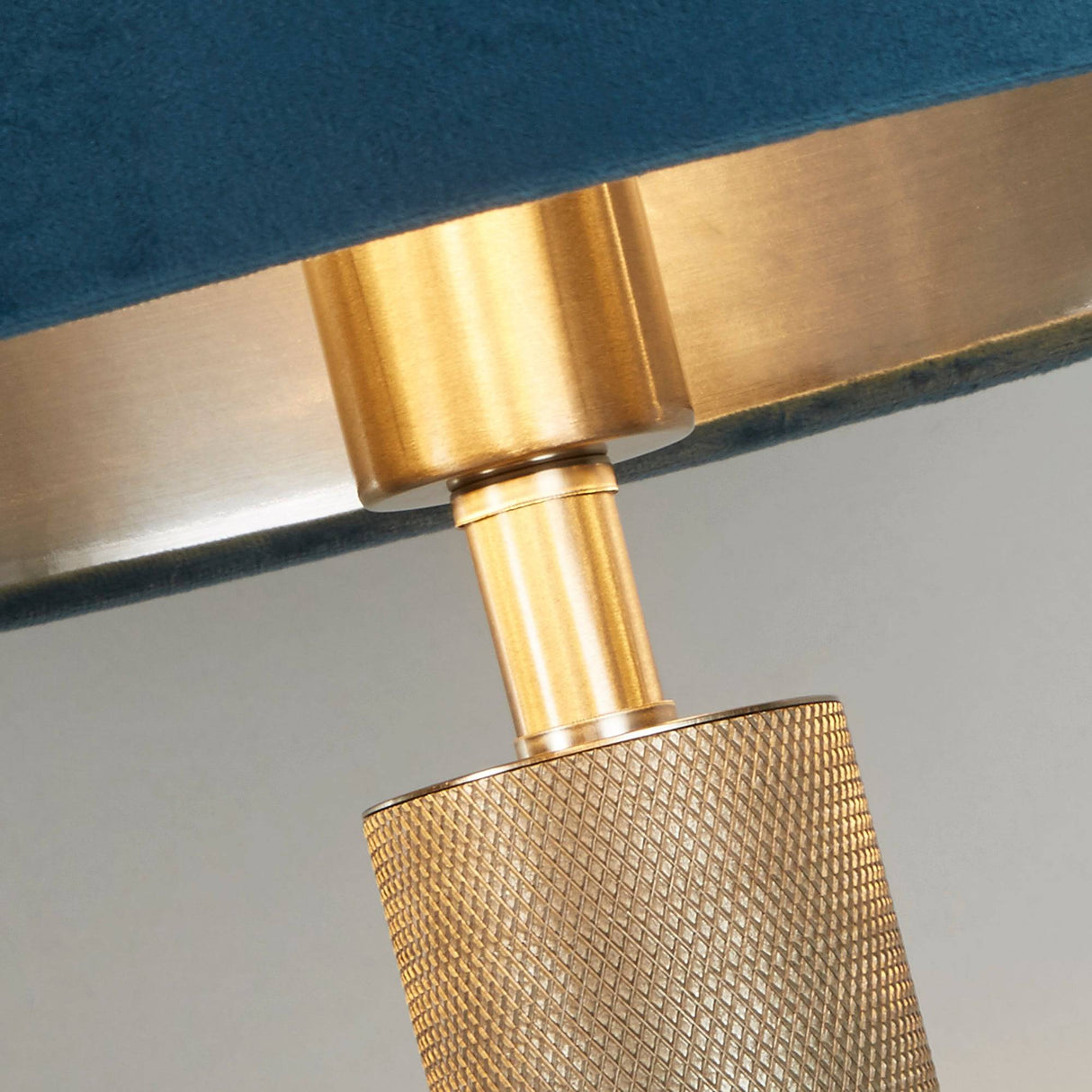 London Table Lamp - Knurled Satin Silver & Teal Velvet Shade - Comet Lighting