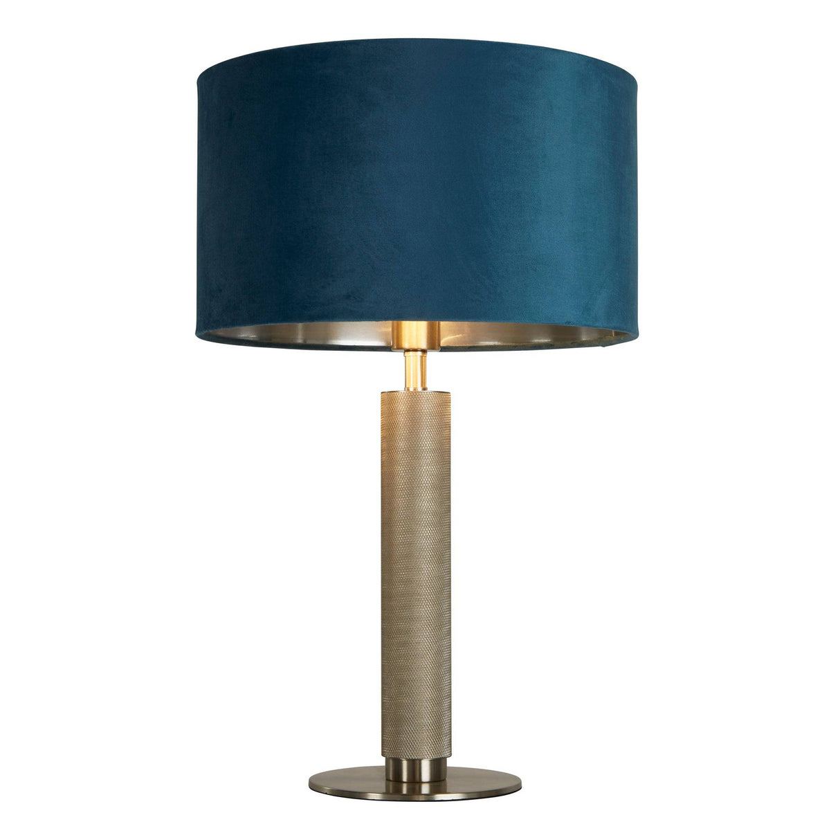 London Table Lamp - Knurled Satin Silver & Teal Velvet Shade - Comet Lighting