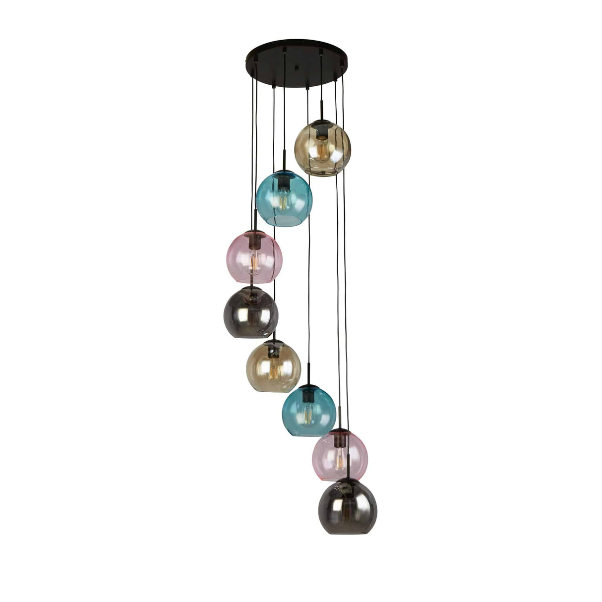 Mardi Gras II 8Lt Pendant -  Black Metal & Coloured Glass - Comet Lighting