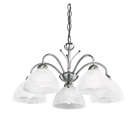 Milanese 5Lt Pendant - Satin Silver Metal & Alabaster Glass - Comet Lighting