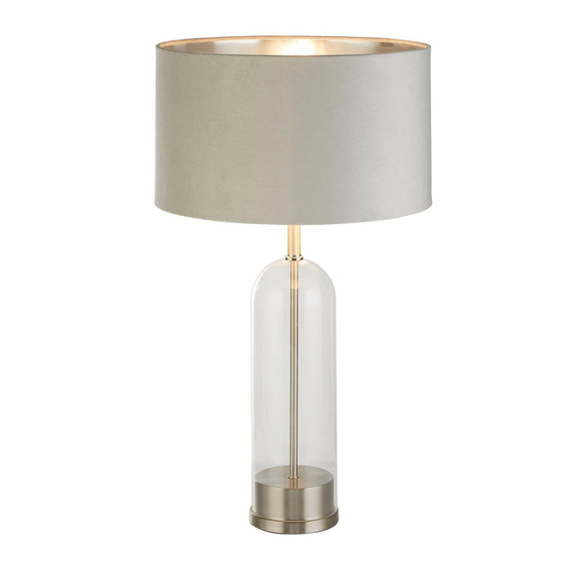 Oxford Table Lamp - Glass, Satin Nickel & Grey Velvet Shade - Comet Lighting