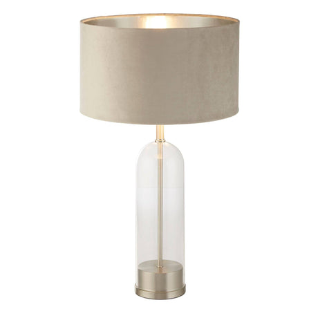 Oxford Table Lamp - Glass, Satin Nickel & Taupe Velvet Shade - Comet Lighting