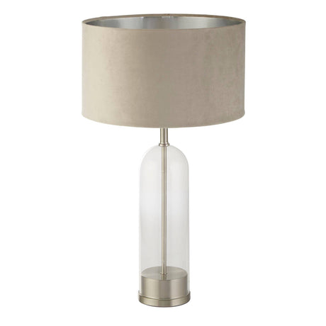 Oxford Table Lamp - Glass, Satin Nickel & Taupe Velvet Shade - Comet Lighting