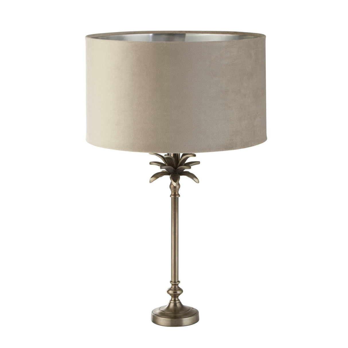 Palm Table Lamp - Antique Nickel Metal & Taupe Velvet Shade - Comet Lighting