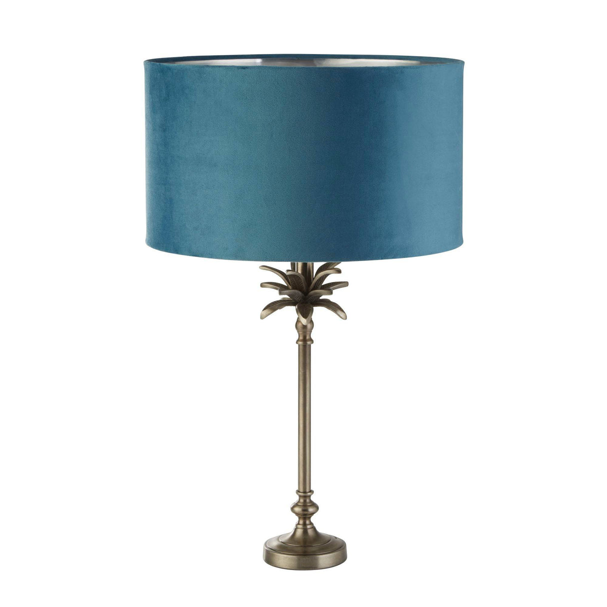 Palm Table Lamp - Antique Nickel Metal & Teal Velvet Shade - Comet Lighting