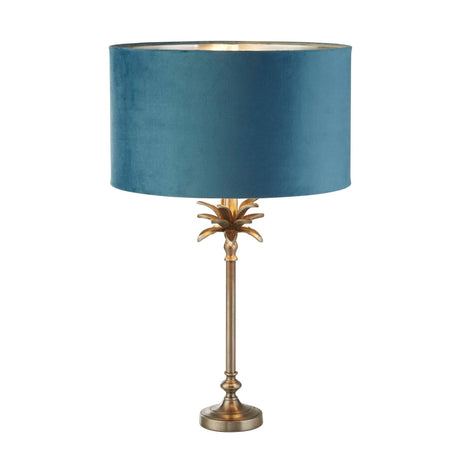 Palm Table Lamp - Antique Nickel Metal & Teal Velvet Shade - Comet Lighting