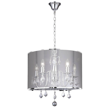 Venetian 5Lt Pendant - Chrome, Voile Shade & Crystal Glass - Comet Lighting