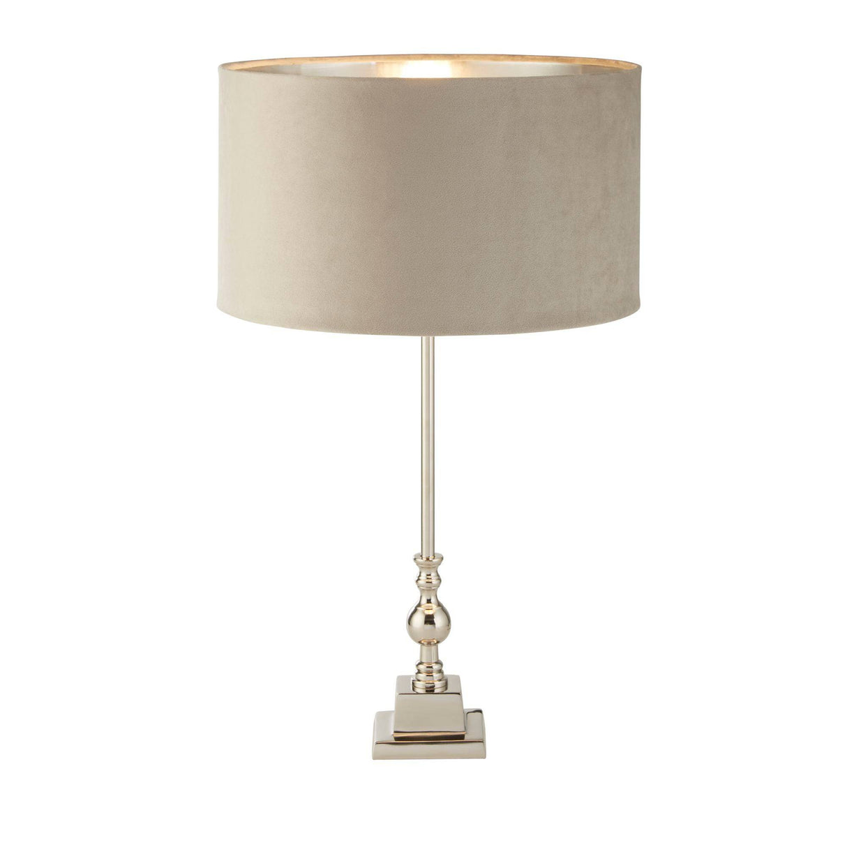 Whitby Table Lamp - Chrome Metal & Taupe Velvet Shade - Comet Lighting