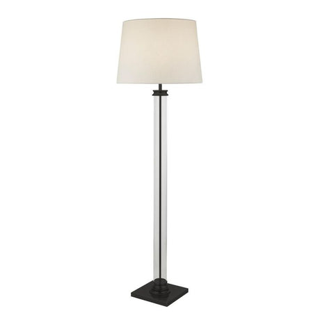 Pedestal Floor Lamp- Black Metal, Glass & White Fabric Shade