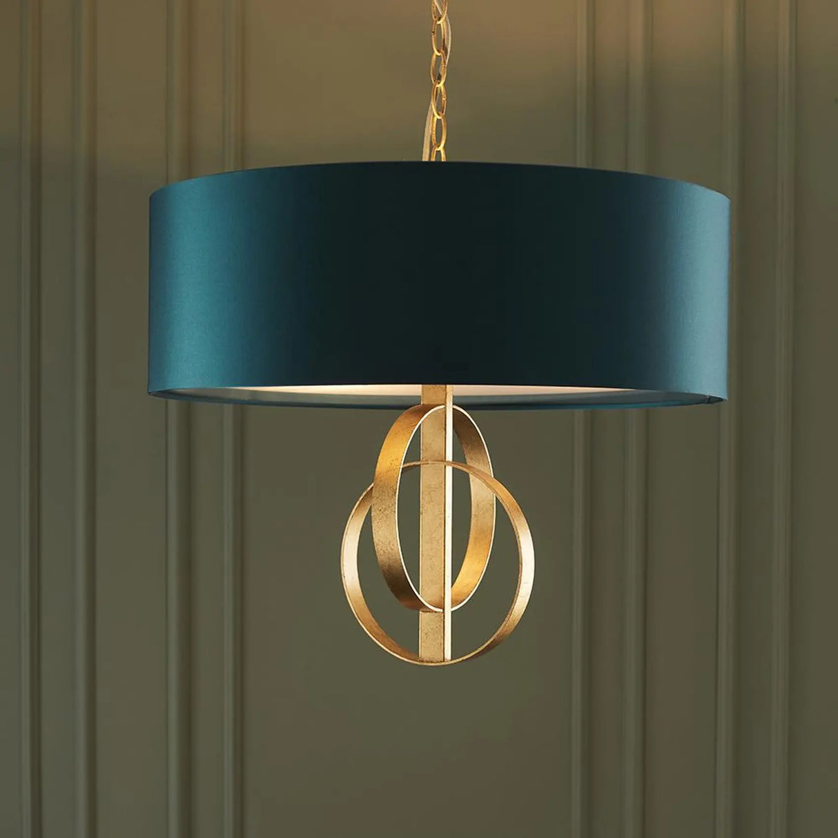 Lena 3Lt Pendant Ceiling Light Antique Gold Leaf & Teal Satin Fabric