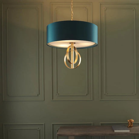 Lena 3Lt Pendant Ceiling Light Antique Gold Leaf & Teal Satin Fabric